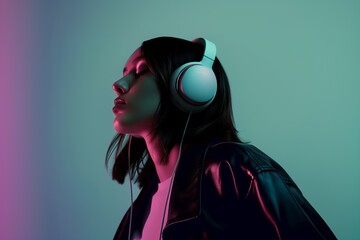 Beauty woman with her eyes closed enjoying the music wearing headphones in soft and plain green background, green and pink lights