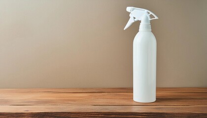 3d render. white plastic cylinder spray bottle plain trigger sprayer mockup on wood table with blank space. ai generative