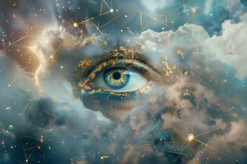 Eye emerges from a swirling nebula of cosmic clouds. glitter stars twinkle in the distance. mysterious atmosphere.