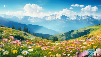 Beautiful alpine meadows with wildflowers.