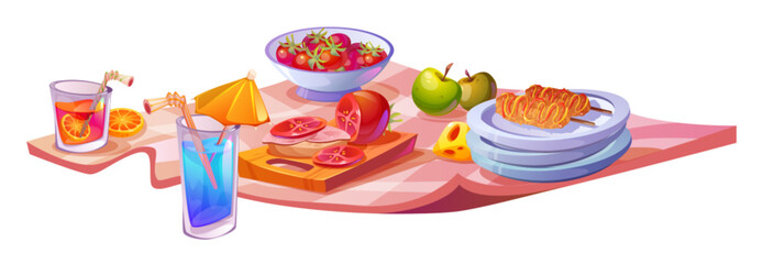 Naklejka premium Spring picnic food on blanket for park lunch scene. Cute outdoor mat with wine, fruit and snack for travel dinner. Tablecloth for outing party celebration with tomato, apple and cocktail clipart