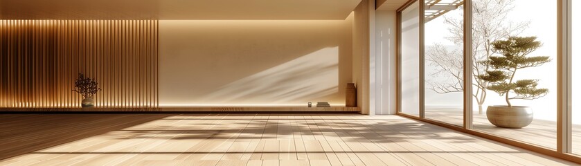 Japandi empty room with sleek wooden floors, 3D rendering, ambient light, wideangle view