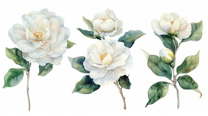 Obraz premium Watercolor Camellia Flowers for Wedding Card Decoration Generative AI