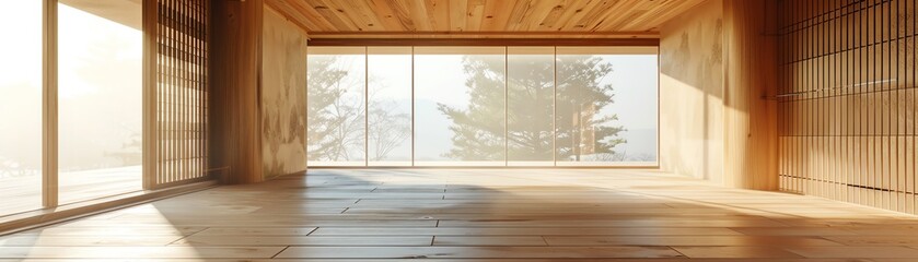 Japandi empty wooden room, clean lines, 3D render, morning light, birdseye view