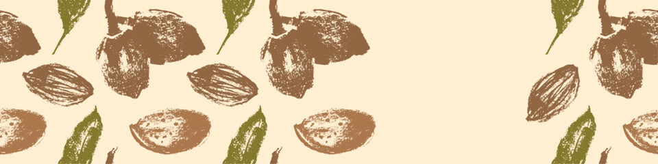 Almond banner background or label template design. Organic almond pattern with almond nuts crayon drawings. Almonds packaging or marzipan paste tag design. Vector botanical background.