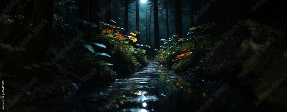 Poster A dark forest with a stream of water running through it