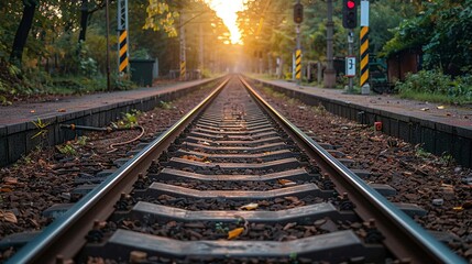 Fototapeta premium A sun-lit tree on a distant train track indicates a green traffic signal