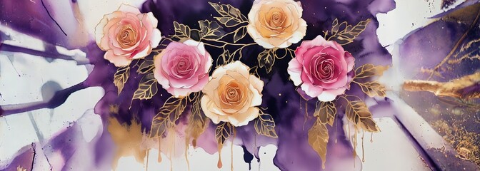 A painting of a bouquet of roses with gold accents