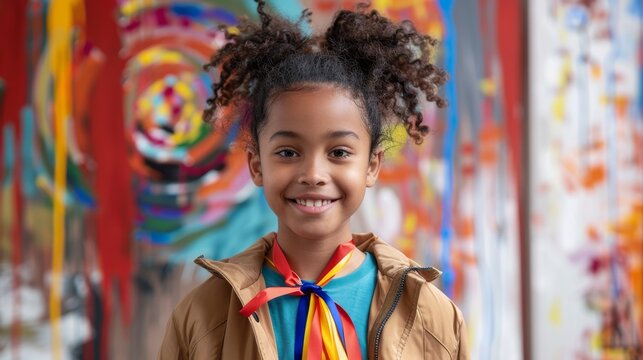 African American girl wearing a scout uniform with a colorful tie