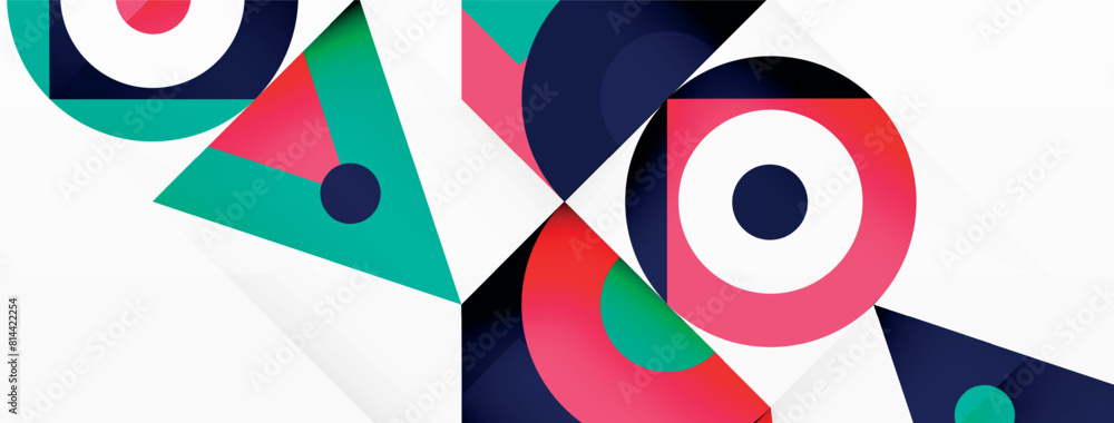 Poster a creative textile design featuring colorful geometric shapes like circles and triangles in magenta 