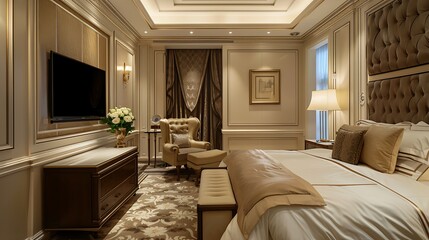 Fototapeta premium Interior of a bedroom with armchair and tv on wall a luxurious bedroom interior