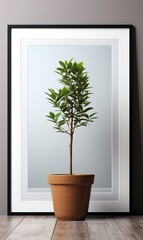 Black wooden photo frame and plant on gray background 