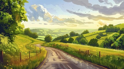 A serene country road meandering through sunlit rolling hills
