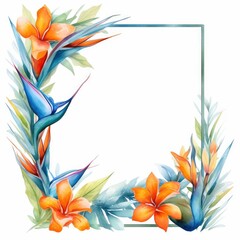 bird of paradise themed frame or border for photos and text.featuring exotic orange and blue flowers. watercolor illustration, flowers frame, botanical border,  tropical wreath bird of paradise.