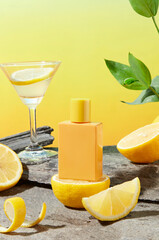 Lemon theme template for designing with a yellow perfume bottle without label placed on a lemon...