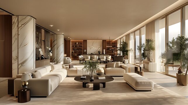 Large and luxurious interiors of a modern living room in digitally generated image of a fully furnished living room