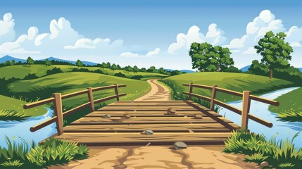 A wooden bridge leading into a serene countryside road