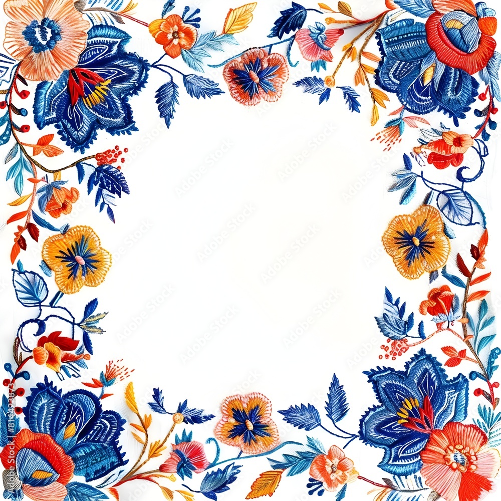 Poster intricate embroidered textile frame with folk art patterns on linen fabric background