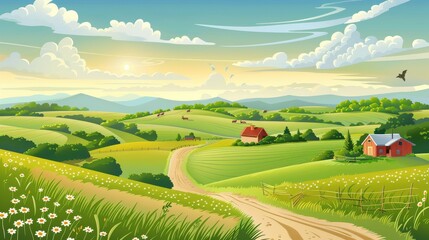 Fototapeta premium Idyllic countryside morning with rolling green fields and quaint farmhouses