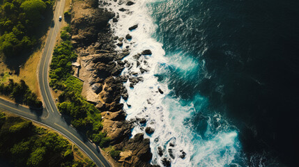 Fototapeta premium Automobile road among the forest, sea and rocks.