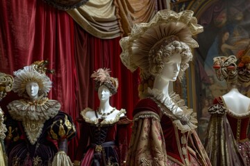 Fototapeta premium A display of vintage mannequin clothing, including a woman's dress and hat