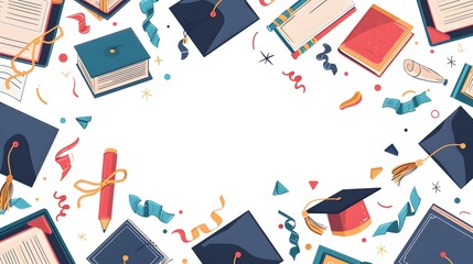 Graduation Frame with Academic Motifs Like Diplomas Caps and Books Isolated on Blank Background with Copy Space