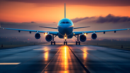 A passenger plane flying in the colorful sky. Aircraft takes off from the airport runway during the sunset.