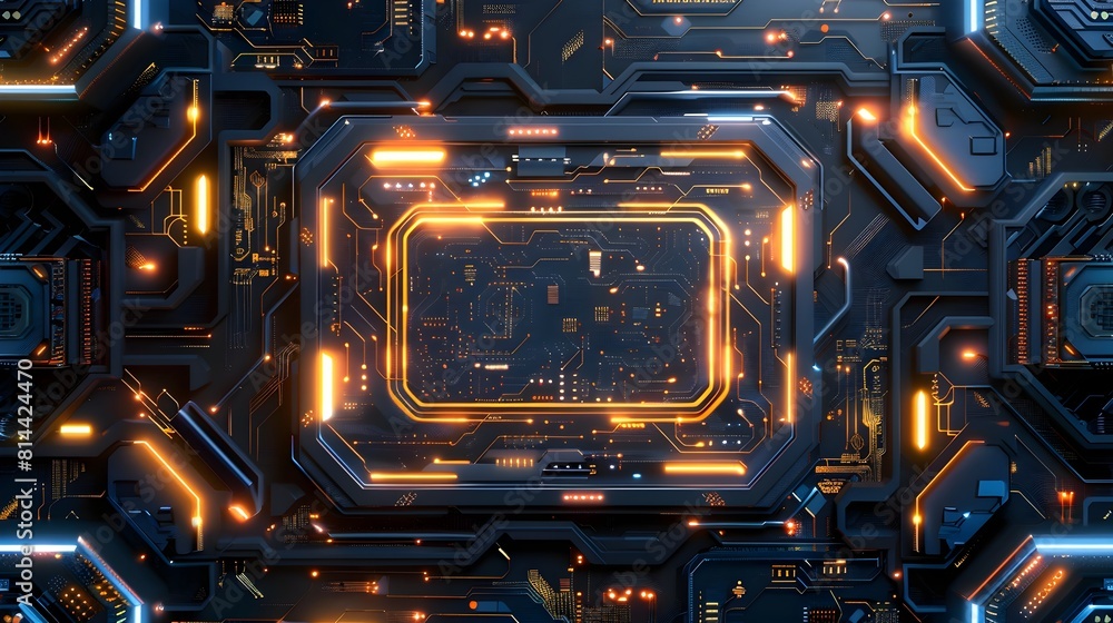 Poster cybernetic frame with circuit board patterns and led lights for tech related designs with isolated a