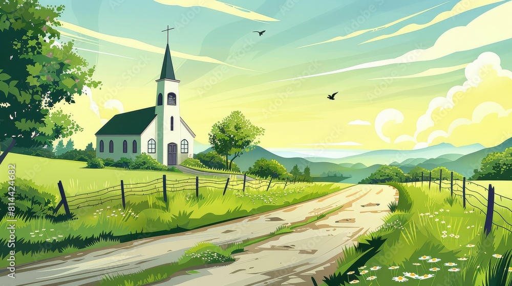 Wall mural serene countryside church on a sunlit pastoral landscape