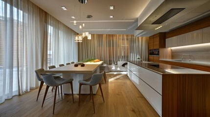 Modern kitchen with a minimalistic touch highlighted by flowing curtains wooden tones and a cozy breakfast bar