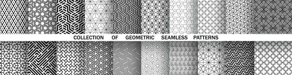 Geometric set of seamless black and white patterns. Simple vector graphics.