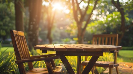 Outdoor wooden table and chair in garden