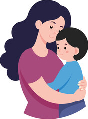 Illustration of a Mother Hugging Her Son and Hugging him