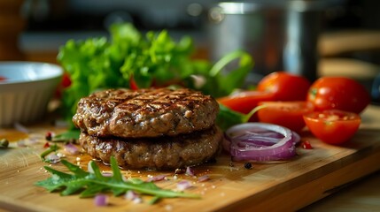 Preparing homemade burgers with tomatoes onions and salad