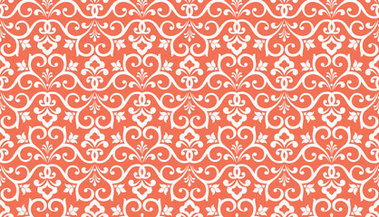 Floral pattern. Vintage wallpaper in the Baroque style. Seamless vector background. White and pink ornament for fabric, wallpaper, packaging. Ornate Damask flower ornament