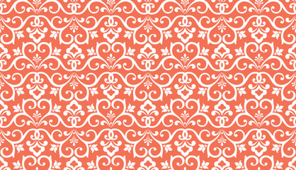 Floral pattern. Vintage wallpaper in the Baroque style. Seamless vector background. White and pink ornament for fabric, wallpaper, packaging. Ornate Damask flower ornament