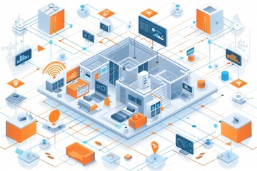 Obraz premium Video technology in production houses controls CCTV security systems, networked surveillance cameras, remote access, and alarms.