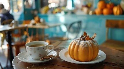 Pumpkin shaped dessert served with coffee on an easter themed table in a cafe