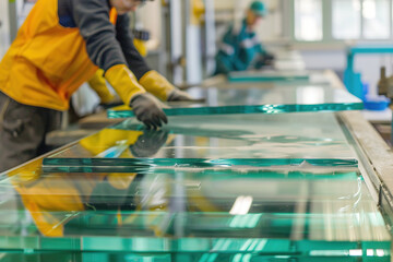 Workers inspecting glass sheets for windows,  manufacturing process in factory.