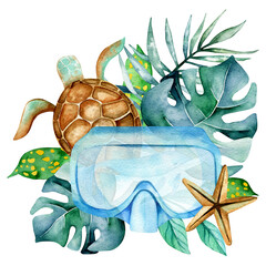 Watercolor illustration. Snorkeling mask, turtle, tropical leaves, starfish isolated on background. Scuba diving, marine clipart. Design for cards, stickers.