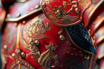 A red and gold armor with a dragon on it