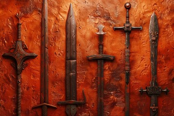 A collection of swords are displayed on a red wall