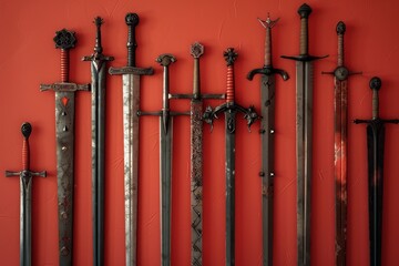 A collection of swords and a cross are displayed on a colorful background