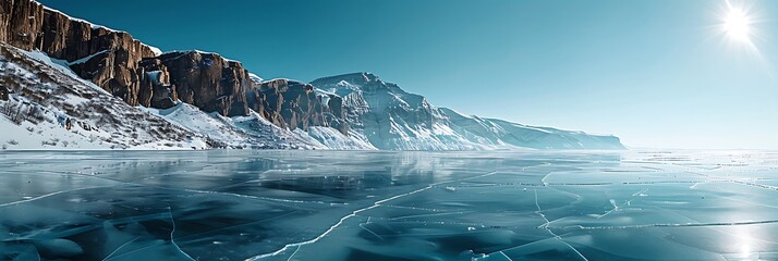 Mountain view with beautiful clear ice with cracks on the Lake Baikal, Unique, wonderful, clean, cool ice of the largest and cleanest lake in the world realistic nature and landscape