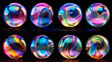 Holographic liquid metal sphere round shapes set isolated. Iridescent wavy melted substance isolated background.
