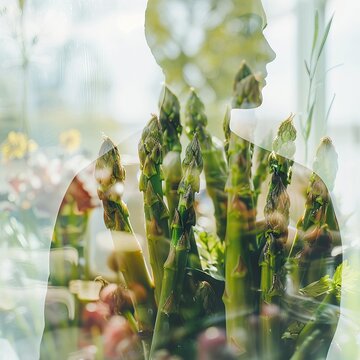 Creative double exposure image blending the silhouette of a woman with fresh green asparagus, symbolizing a connection with nature.