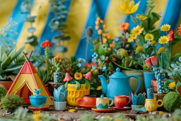 Fototapeta premium A colorful cup with a flower in it sits on a grassy field