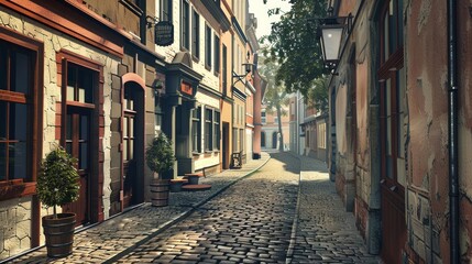 Cobblestone street side view old town charm theme 