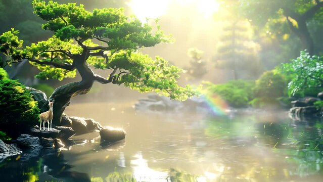 Japanese garden with bonsai trees and a river flowing calmly under the sunbeam