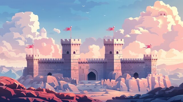 Warrior clan flat design side view fortress theme animation Colored pastel,